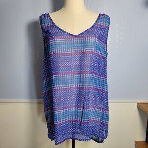 Gap Large Blue Red Floral Semi Sheer V Neck Sleeveless Lightweight Tank Top